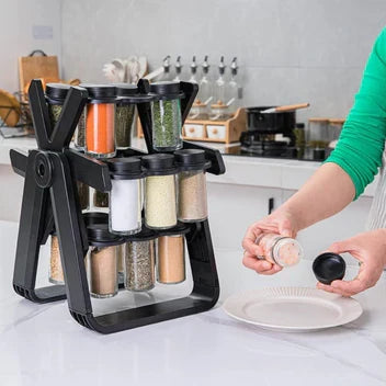 Premium 360° Rotating Spice Rack Organizer with 18 Glass Jars