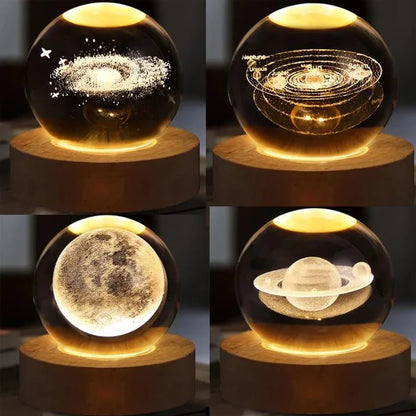 3D Crystal Galaxy Night Lamp with Wooden Base (6cm) | USB LED Moon, Earth & Solar System Lamp