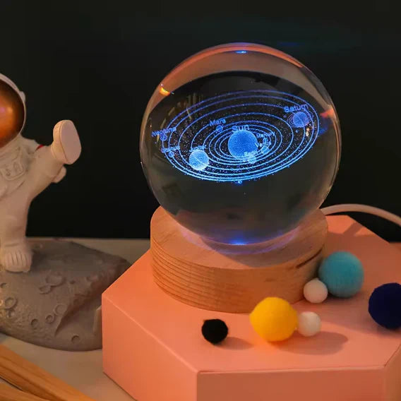 3D Crystal Galaxy Night Lamp with Wooden Base (6cm) | USB LED Moon, Earth & Solar System Lamp