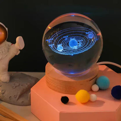 3D Crystal Galaxy Night Lamp with Wooden Base (6cm) | USB LED Moon, Earth & Solar System Lamp
