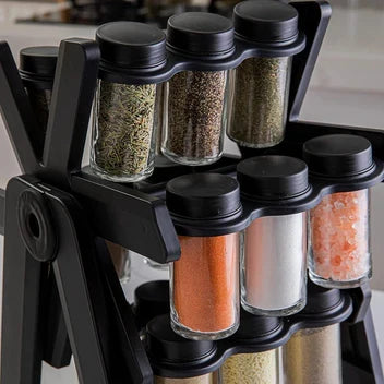Premium 360° Rotating Spice Rack Organizer with 18 Glass Jars