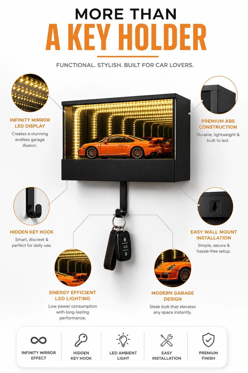 ZaalMart Infinity Garage Key Holder – LED Infinity Mirror Wall-Mounted Car Key Organizer