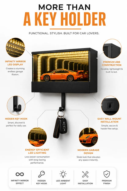 ZaalMart Infinity Garage Key Holder – LED Infinity Mirror Wall-Mounted Car Key Organizer