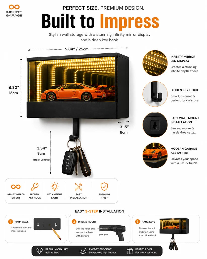 ZaalMart Infinity Garage Key Holder – LED Infinity Mirror Wall-Mounted Car Key Organizer