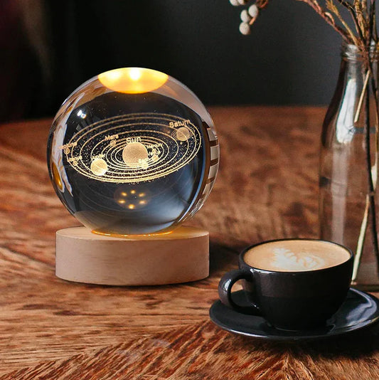 3D Crystal Galaxy Night Lamp with Wooden Base (6cm) | USB LED Moon, Earth & Solar System Lamp