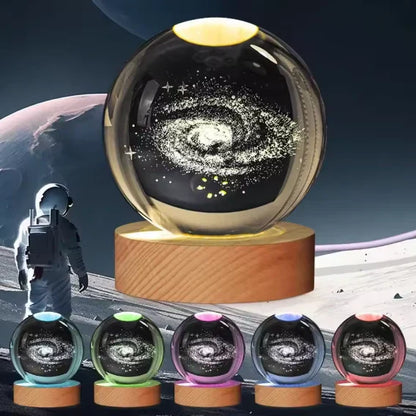 3D Crystal Galaxy Night Lamp with Wooden Base (6cm) | USB LED Moon, Earth & Solar System Lamp