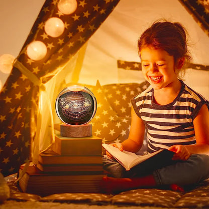 3D Crystal Galaxy Night Lamp with Wooden Base (6cm) | USB LED Moon, Earth & Solar System Lamp