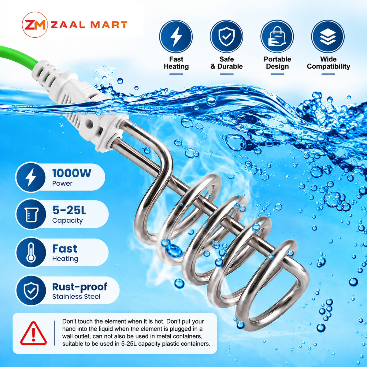 ZaalMart 2000W Water Heating Rod – Shockproof Portable Electric Water Heater