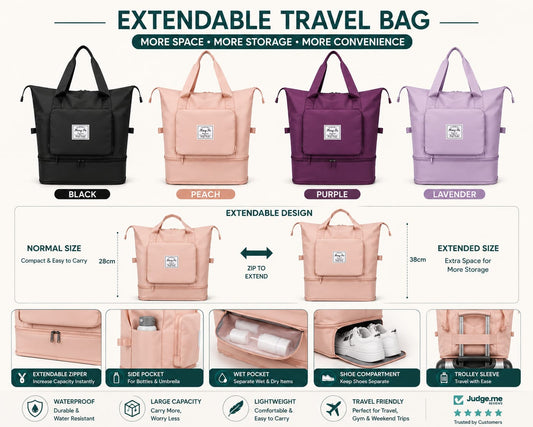 Large Capacity Foldable Travel Bag | Waterproof Expandable Duffel Bag with Shoe Compartment & Wet Pocket