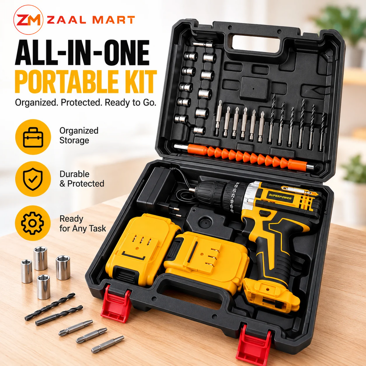 ZaalMart 48V Cordless Drill Machine Kit – 29-Piece Set with 2 Rechargeable Batteries & Carry Case