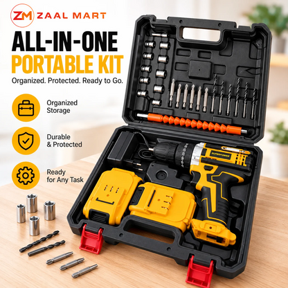 ZaalMart 48V Cordless Drill Machine Kit – 29-Piece Set with 2 Rechargeable Batteries & Carry Case