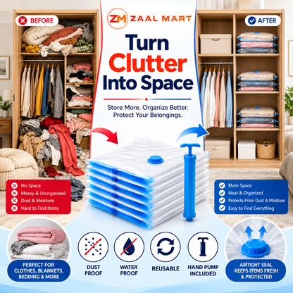 ZaalMart Vacuum Storage Bags with Hand Pump – 5 Pack Space Saver Bags for Clothes, Blankets & Comforters