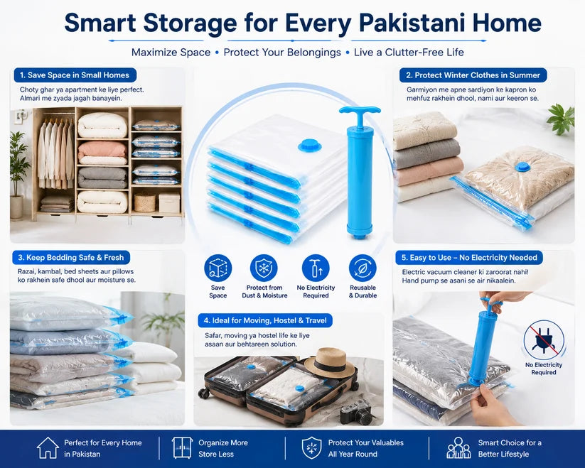 ZaalMart Vacuum Storage Bags with Hand Pump – 5 Pack Space Saver Bags for Clothes, Blankets & Comforters
