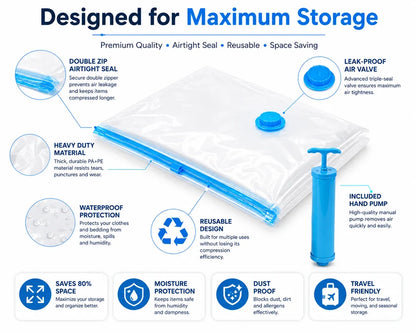 ZaalMart Vacuum Storage Bags with Hand Pump – 5 Pack Space Saver Bags for Clothes, Blankets & Comforters