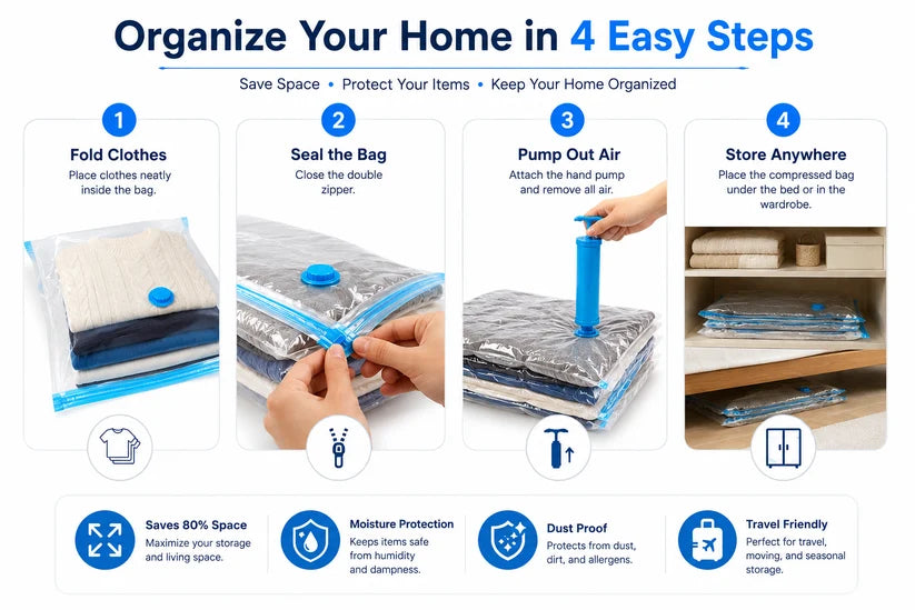 ZaalMart Vacuum Storage Bags with Hand Pump – 5 Pack Space Saver Bags for Clothes, Blankets & Comforters