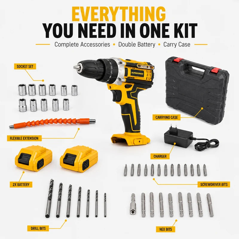 ZaalMart 48V Cordless Drill Machine Kit – 29-Piece Set with 2 Rechargeable Batteries & Carry Case