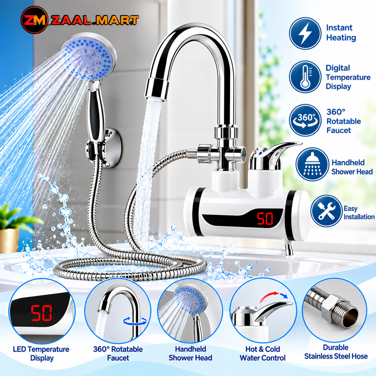 ZaalMart Instant Hot Water Heater Tap – 3000W Electric Water Heating Faucet with Digital Temperature Display