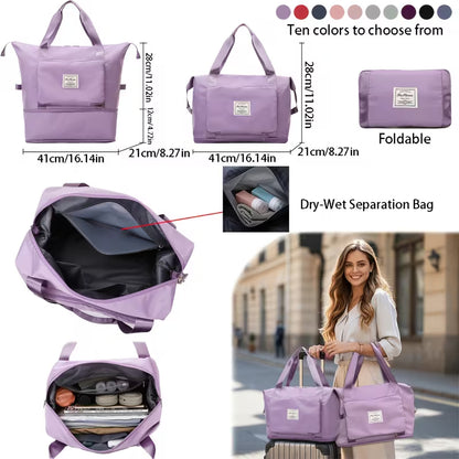 Large Capacity Foldable Travel Bag | Waterproof Expandable Duffel Bag with Shoe Compartment & Wet Pocket