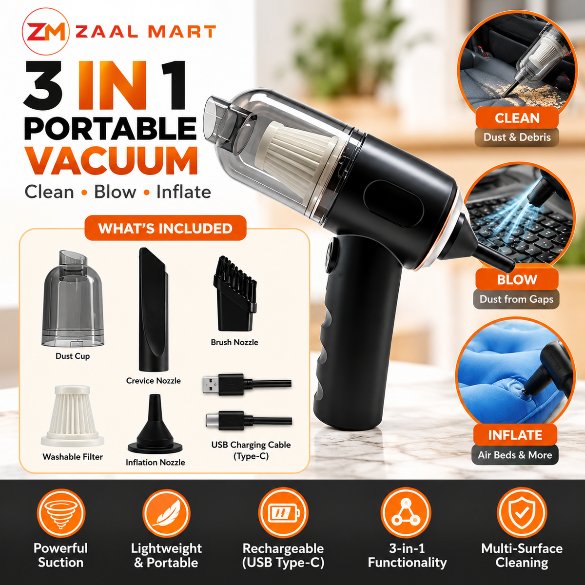 ZaalMart 3-in-1 Car Vacuum Cleaner – Cordless USB Rechargeable Vacuum & Air Blower