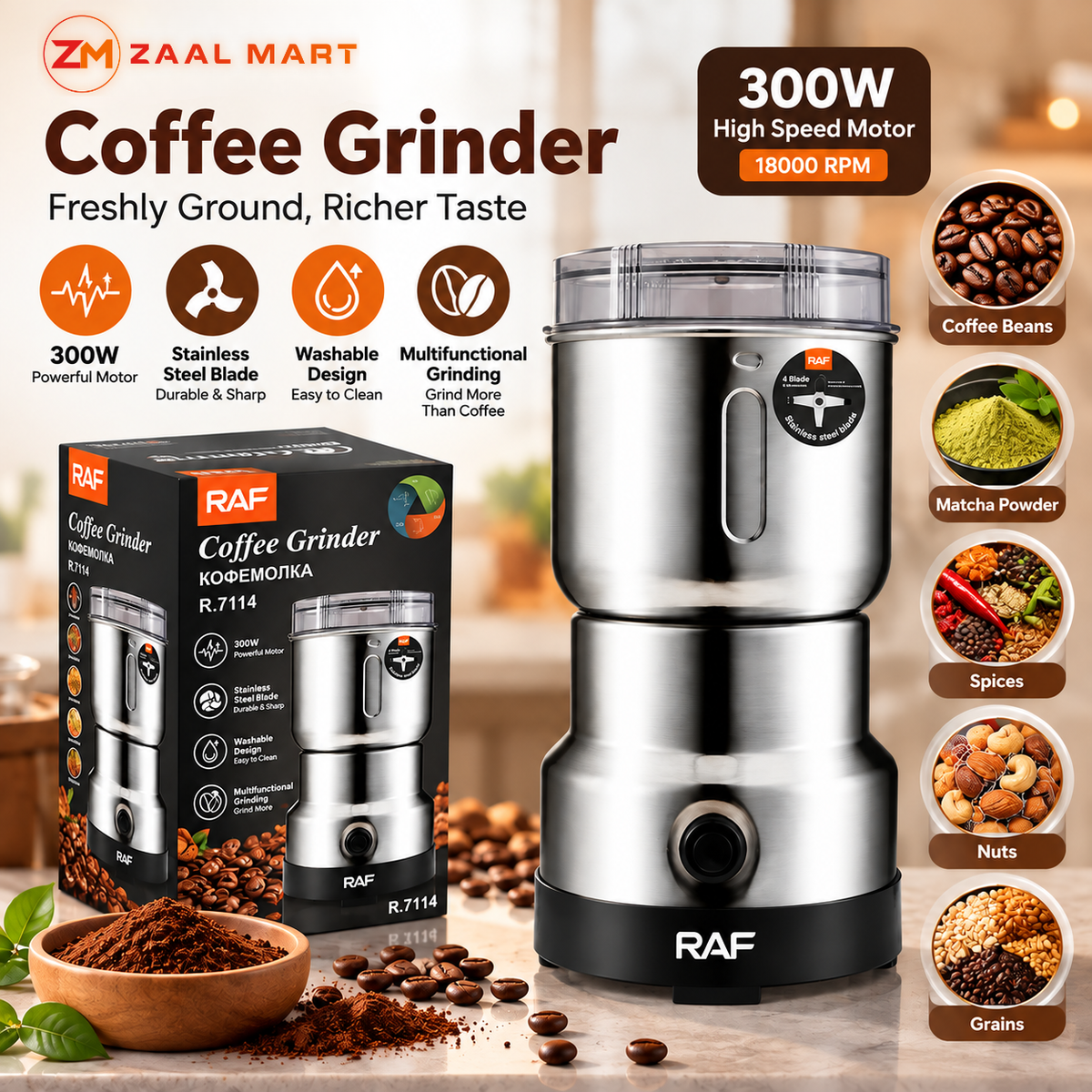 ZaalMart 300W Electric Spice & Coffee Grinder – 4-Blade Stainless Steel Mini Grinder for Nuts, Beans & Masala