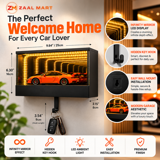 ZaalMart Infinity Garage Key Holder – LED Infinity Mirror Wall-Mounted Car Key Organizer